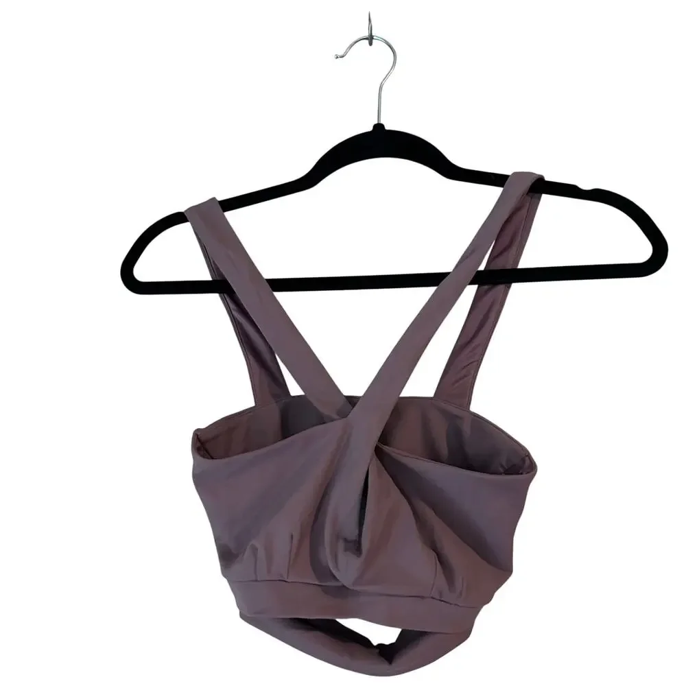 Alo Yoga Sports Bra Criss Cross Halter Opening Thick Straps Logo Workout Dusty